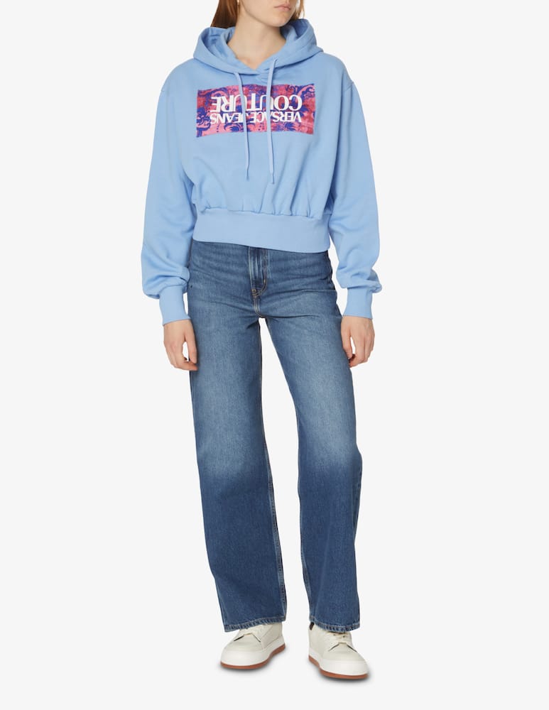 rinascente Versace Jeans Couture Felpa crop con cappuccio in cotone - Azzurro