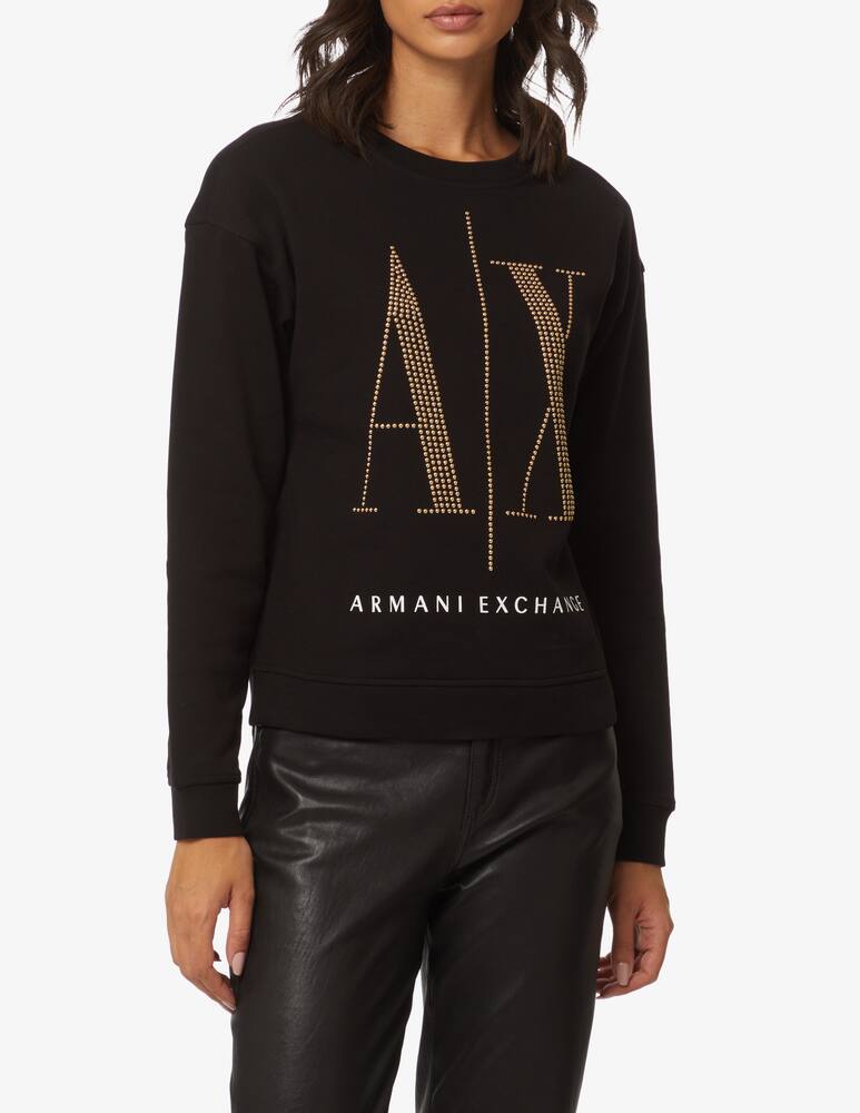 Armani Exchange Cotton crewneck sweatshirt with studded icon logo - Black - picture 1 Armani Exchange Cotton crewneck sweatshirt with studded icon logo - Black - picture 1