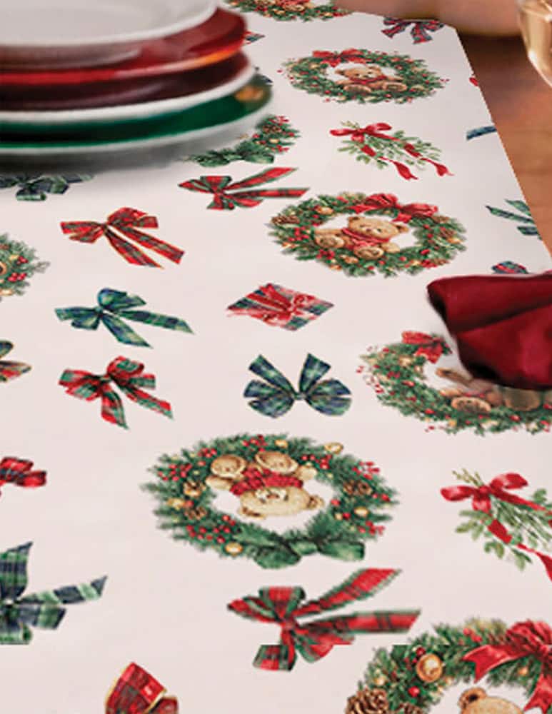 rinascente Tessitura Randi Christmas Teddy 12-Seater Rectangular Tablecloth