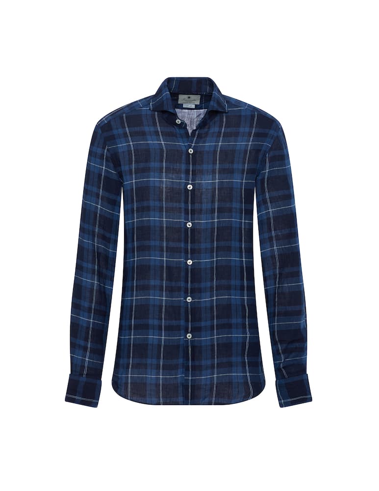 Giannetto Portofino Tartan denim check bleach wash cutaway collar - picture 1 Giannetto Portofino Tartan denim check bleach wash cutaway collar - picture 1