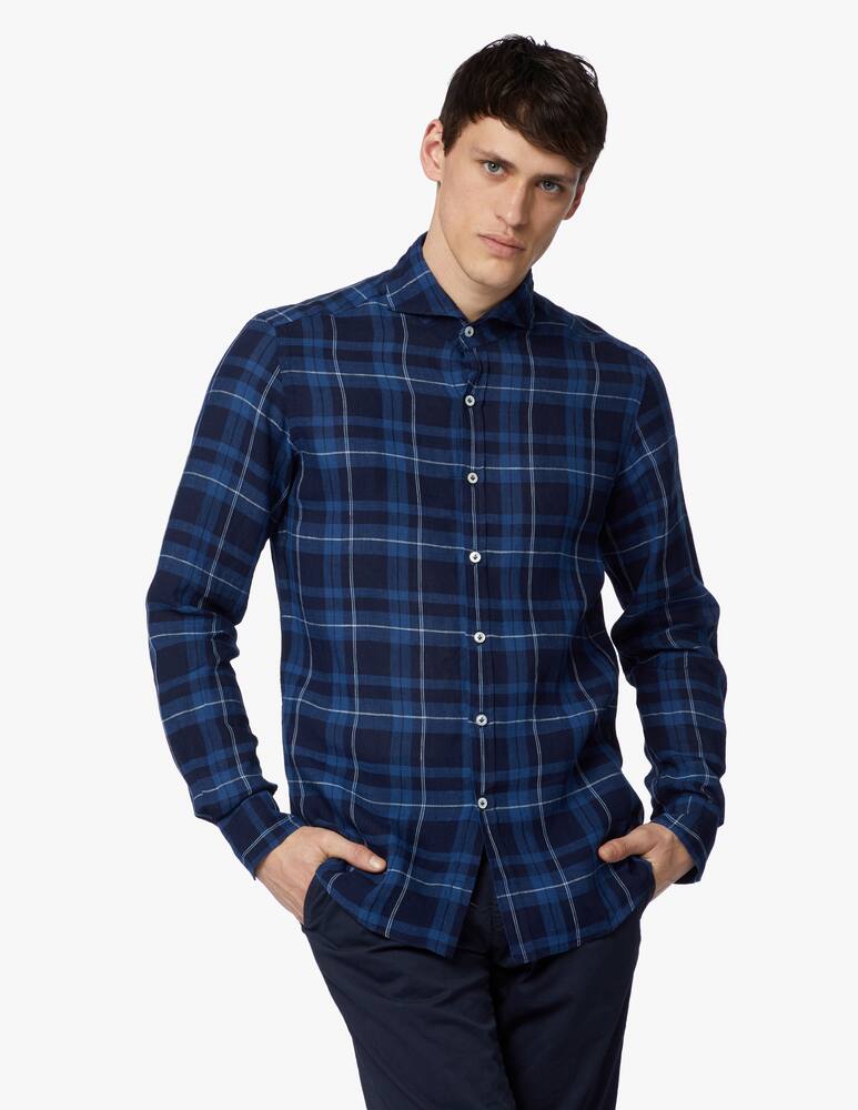 Giannetto Portofino Tartan denim check bleach wash cutaway collar - picture 2 Giannetto Portofino Tartan denim check bleach wash cutaway collar - picture 2