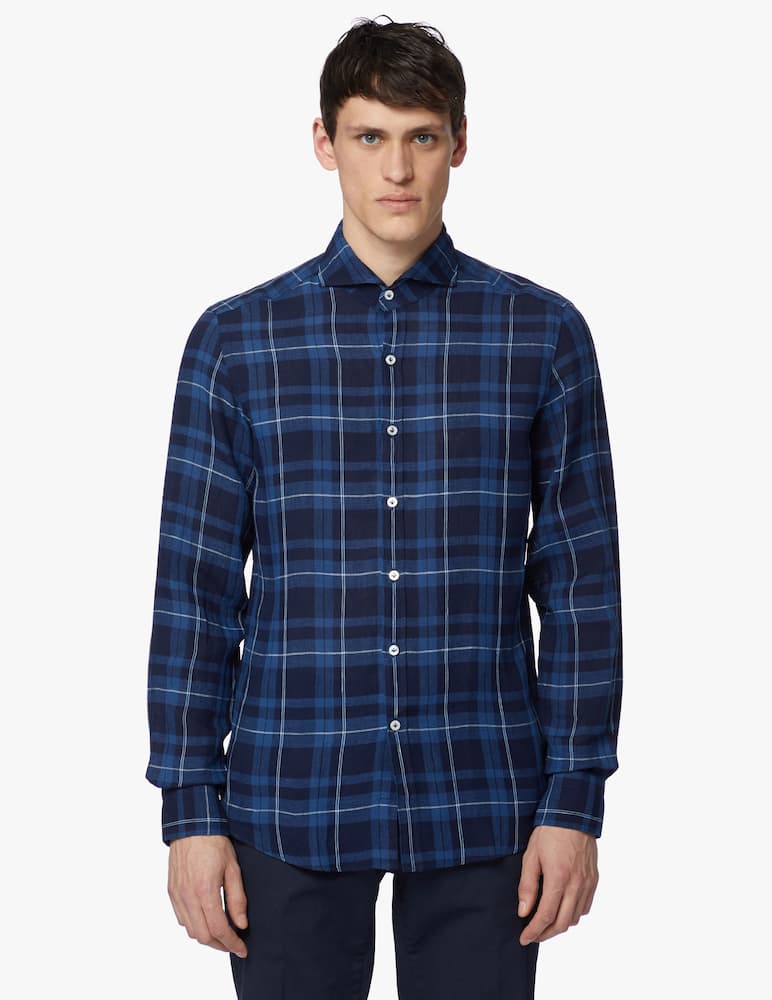 Giannetto Portofino Tartan denim check bleach wash cutaway collar - picture 4 Giannetto Portofino Tartan denim check bleach wash cutaway collar - picture 4