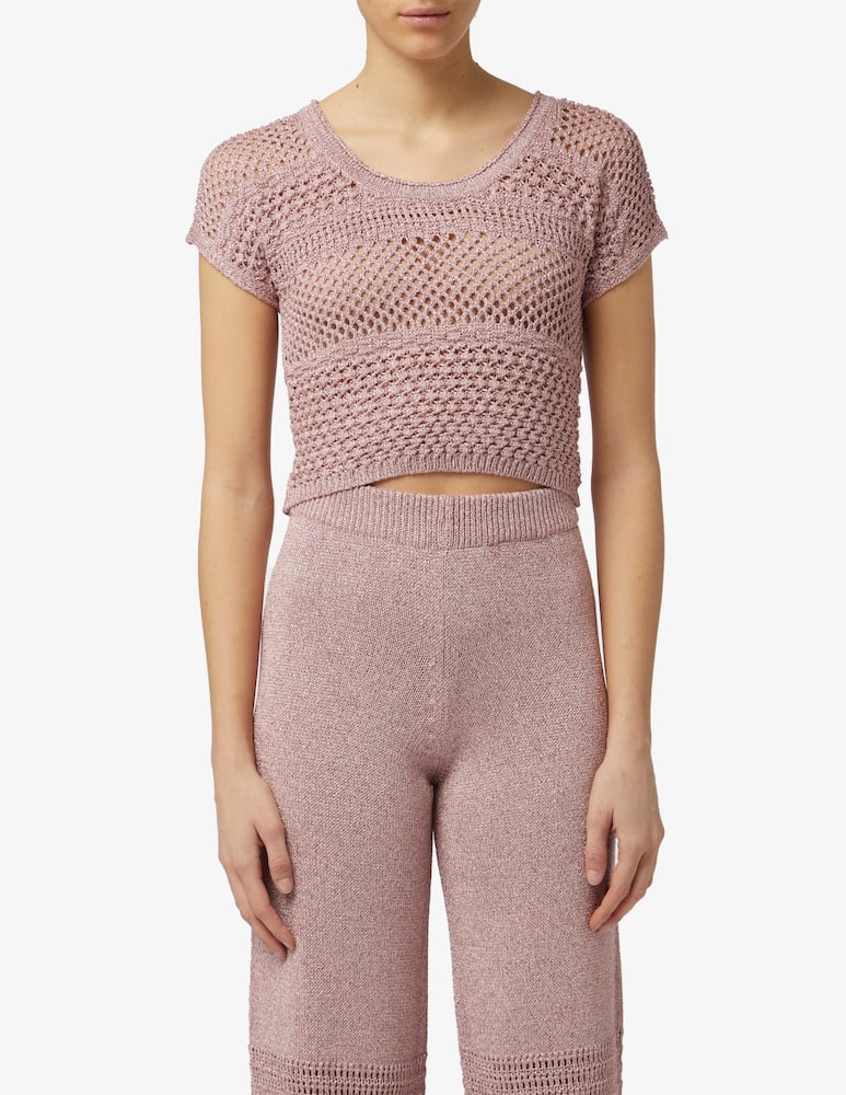 Rinascente Collection Pink Label Maglia crop lurex a maniche corte traforata - immagine 1 Rinascente Collection Pink Label Maglia crop lurex a maniche corte traforata - immagine 1