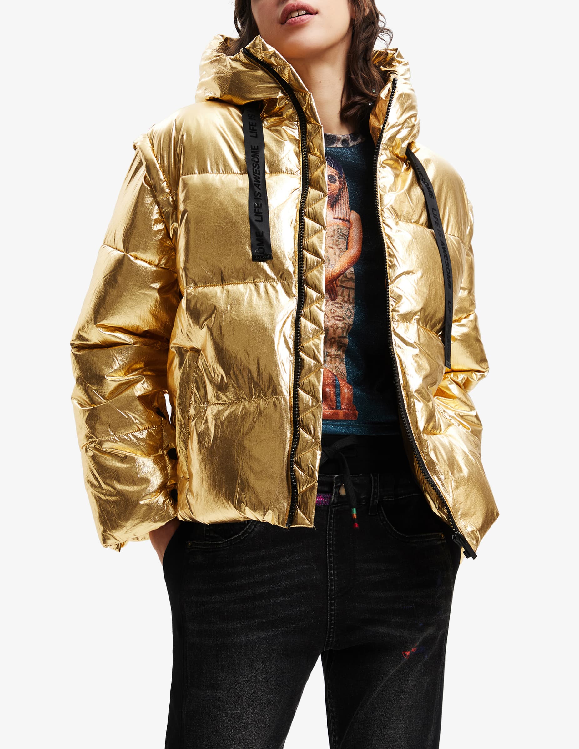 Shop Desigual Transformable padded jacket - Brown on Rinascente