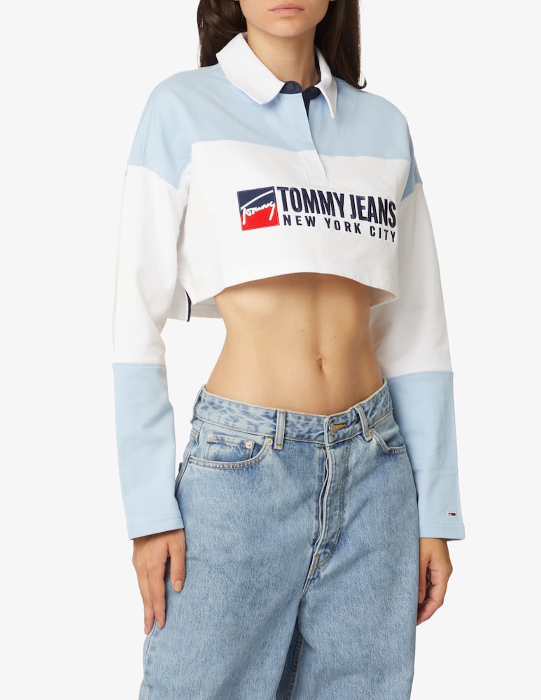Tommy Jeans Cotton long sleeved cropped striped polo tee - Light blue - picture 1 Tommy Jeans Cotton long sleeved cropped striped polo tee - Light blue - picture 1